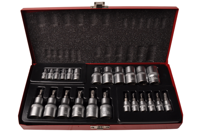 Cantonal Clé à douille + jeu d'embouts 1/4 1/2 Torx - en boîte métallique - qualité chrome-vanadium