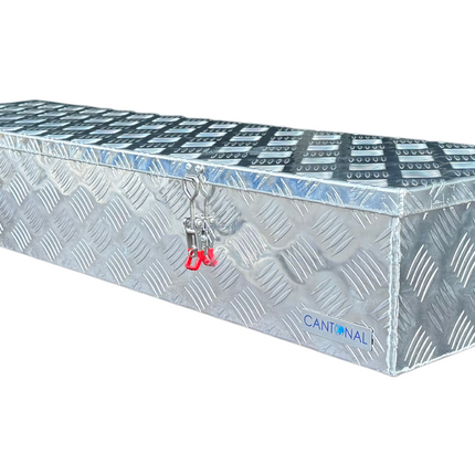 Cantonal Coffre de timon en aluminium 1200x380x195 mm - 2,5 mm Épaisseur de paroi - idéal pour les remorques plateau et les transporteurs de voitures - étanche et résistant à la poussière - avec fermeture à sangle