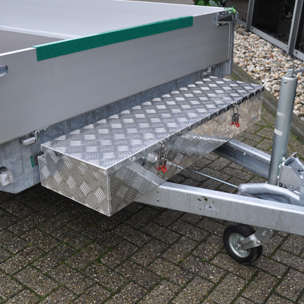 Cantonal Coffre de timon en aluminium 1200x380x195 mm - 2,5 mm Épaisseur de paroi - idéal pour les remorques plateau et les transporteurs de voitures - étanche et résistant à la poussière - avec fermeture à sangle