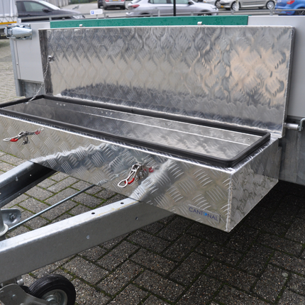 Cantonal Coffre de timon en aluminium 1200x380x195 mm - 2,5 mm Épaisseur de paroi - idéal pour les remorques plateau et les transporteurs de voitures - étanche et résistant à la poussière - avec fermeture à sangle