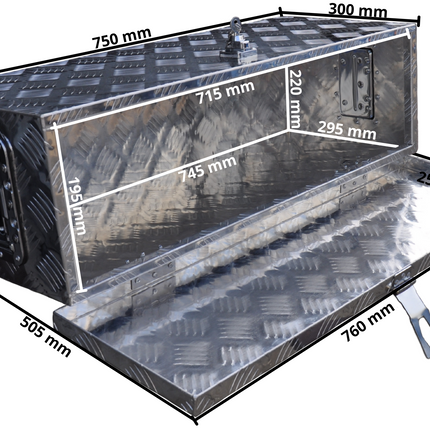 Remorqueshop Coffre de timon en tôle aluminium antidérapante 760x235x300 mm – fermeture papillon