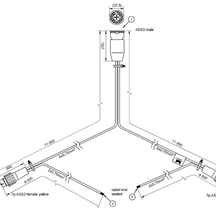 Aspock Faisceau de câble Aspöck étanche - 11 mètres - 13 broches - étanche - 2x connecteur ASS2 7 broches - dérivations de 950 cm