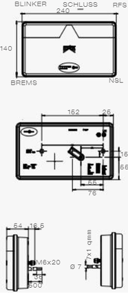Aspock Feu arrière de remorque - Aspöck MultiLED 2 - droite - 240x140x54 mm - entièrement LED - connecteur 8 broches baïonnette - câble de 50 cm