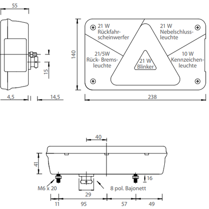 Aspock Feu arrière de remorque - Aspöck Multipoint 5 - droite - raccordement central par connecteur 8 broches baïonnette