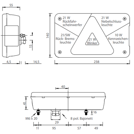 Aspock Feu arrière de remorque - Aspöck Multipoint 5 - gauche - raccordement central par connecteur 8 broches baïonnette