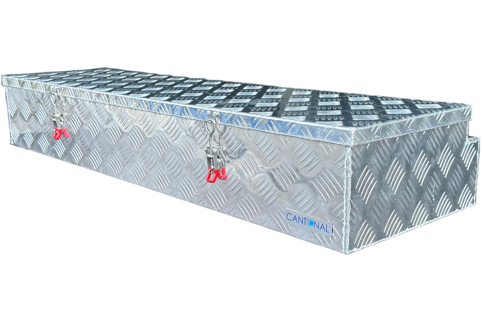 Cantonal Boîte à timon en aluminium 1200x380x195 mm - 2,5 mm Épaisseur de paroi - idéal pour les remorques plateau et les transporteurs de voitures - étanche et résistant à la poussière - avec fermeture à sangle