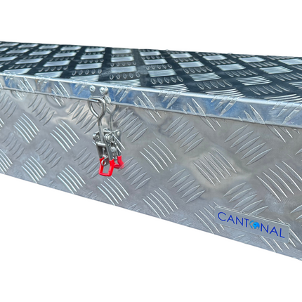 Cantonal Boîte à timon en aluminium 1200x380x195 mm - 2,5 mm Épaisseur de paroi - idéal pour les remorques plateau et les transporteurs de voitures - étanche et résistant à la poussière - avec fermeture à sangle