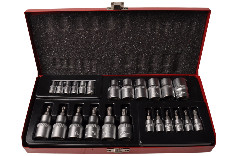 Cantonal Clé à douille + jeu d'embouts 1/4 1/2 Torx - en boîte métallique - qualité chrome-vanadium