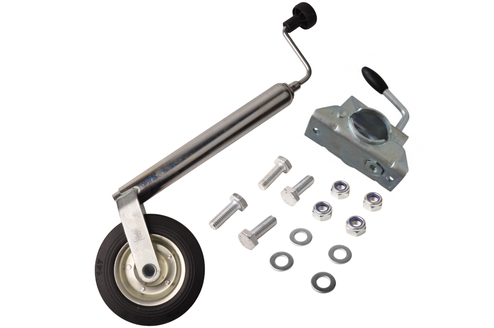 Cantonal Jeu complet de roue jockey - 48 mm - comprenant roue jockey, pince pour roue jockey et matériel de montage