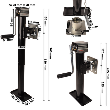 Cantonal Pied de soutien inclinable et extensible - 43-70 cm - 1000 kg - incluant la bride