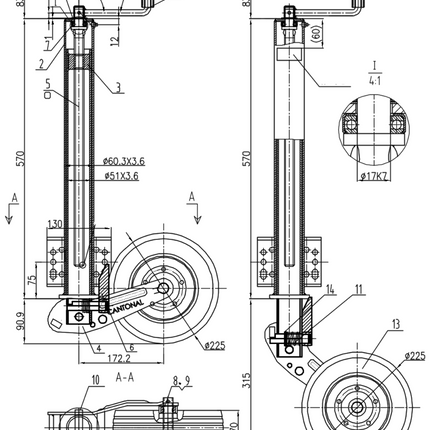 Cantonal Roue jockey - rondes 60 mm - capacité de charge : 500 kg automatiques - plus long