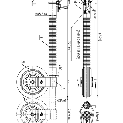 Cantonal Type roue jockey Ifor Williams- 48 mm - striée - capacité de charge : 250 kg - jante en acier