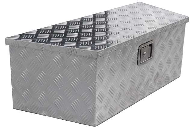 Remorqueshop Coffre de timon aluminium 900/660x350x300 mm – serrure encastrée – couvercle automatique – tôle antidérapante