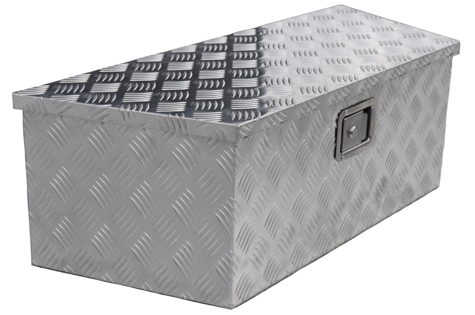Remorqueshop Coffre de timon aluminium 900/660x350x300 mm – serrure encastrée – couvercle automatique – tôle antidérapante