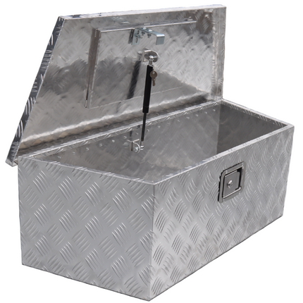 Remorqueshop Coffre de timon aluminium 900/660x350x300 mm – serrure encastrée – couvercle automatique – tôle antidérapante