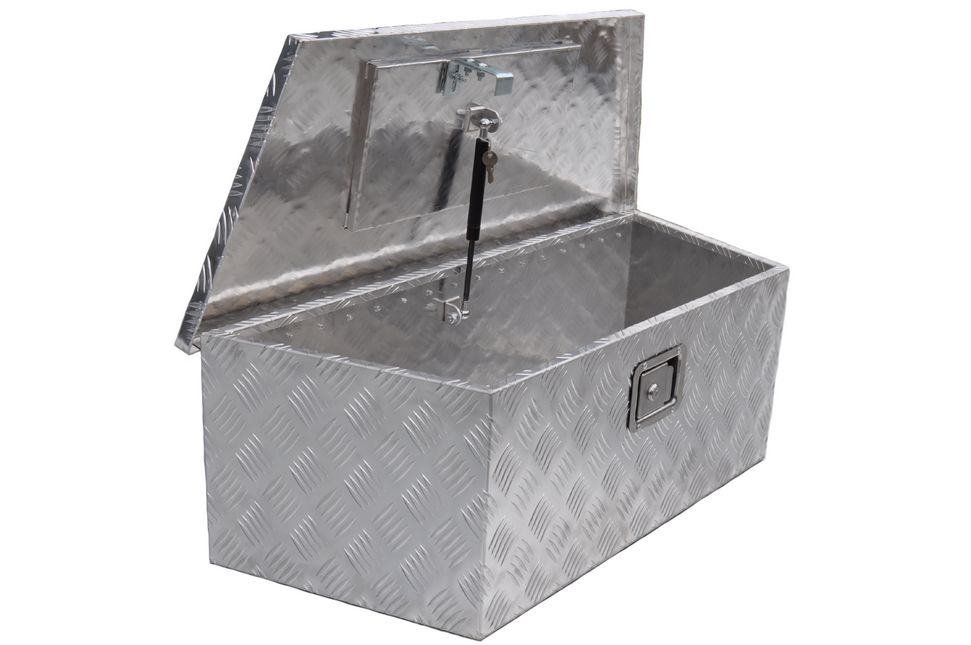 Remorqueshop Coffre de timon aluminium 900/660x350x300 mm – serrure encastrée – couvercle automatique – tôle antidérapante
