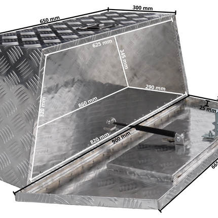 Remorqueshop Coffre de timon aluminium 900/660x350x300 mm – serrure encastrée – couvercle automatique – tôle antidérapante