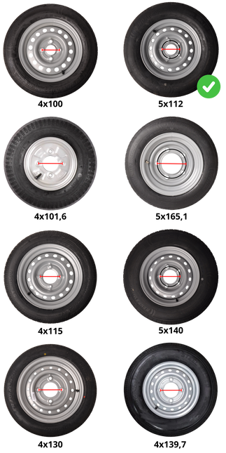 Remorqueshop Roue complète 195/50 R13C avec jante noir (cercle de trous 5x112) 900 kg diamètre du moyeu: 67 mm