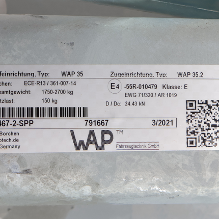 WAP Peitz Frein à inertie pour remorque - WAP 35 - capacité : 1750 a 3500 kg - y compris la console pour roue jockey